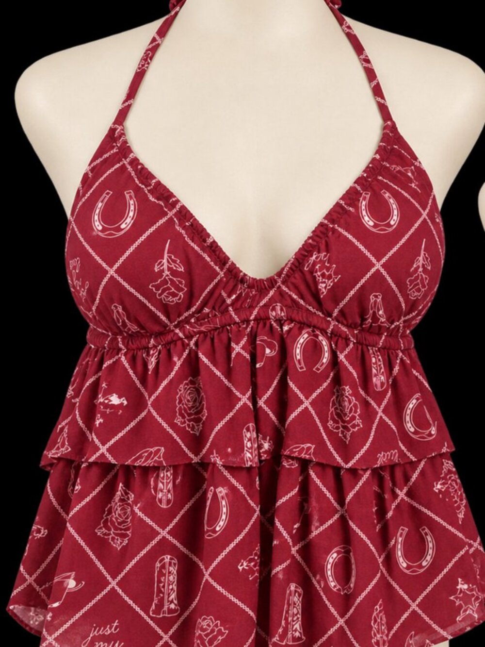 Wild Fable Women's XS Red Western Print Ruffle Halter Top